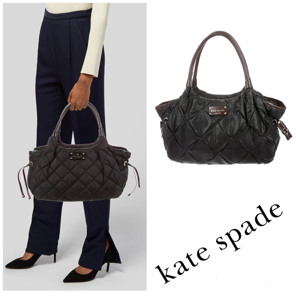 KATE SPADE Stevie Black Quilted Nylon Patent Leather Studded Shoulder Bag Tote